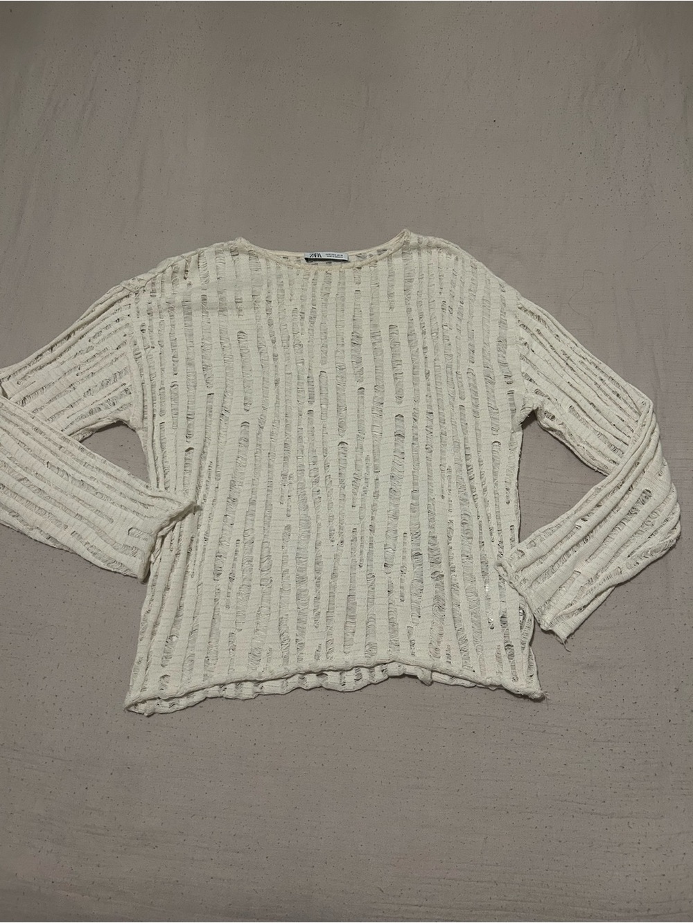 Zara Cream Open-Work Ribbed Long Sleeve Sweater